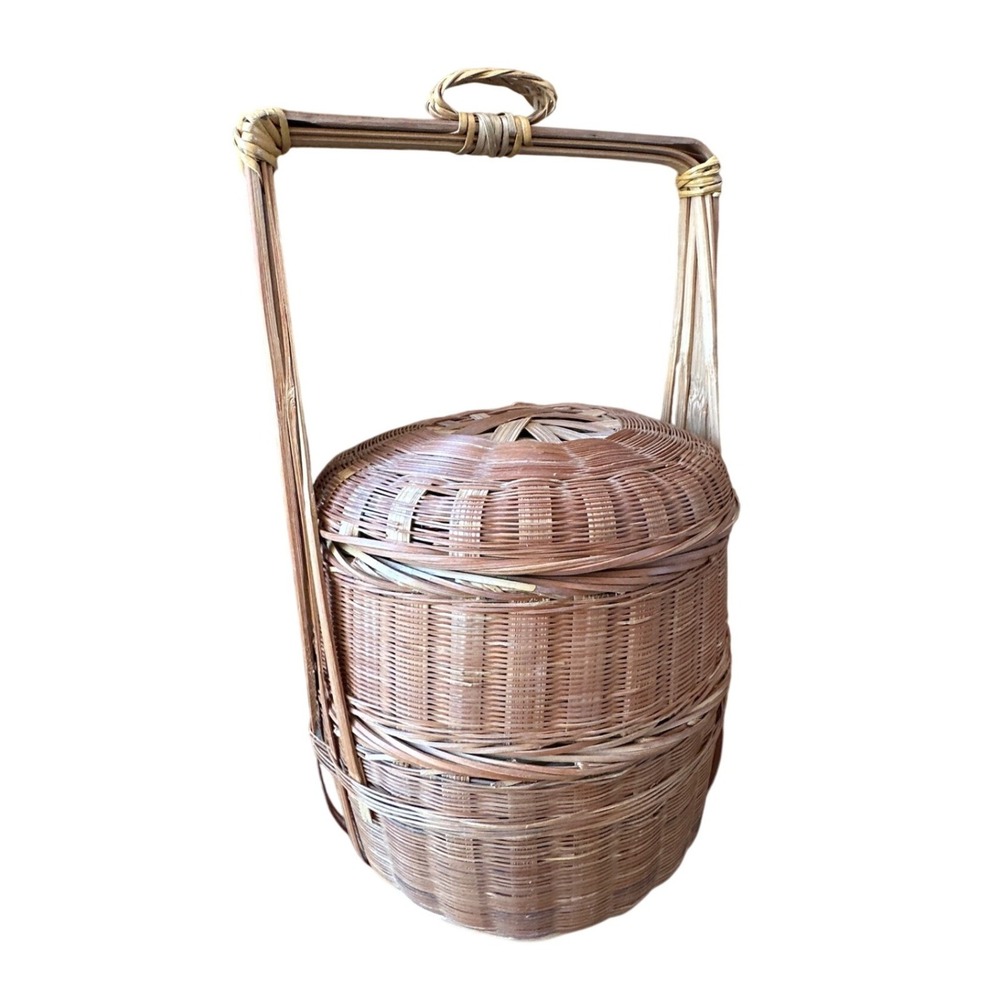 Vintage Woven Bamboo 2 Tier Wedding Basket Picnic Carrier with Handle Brown
